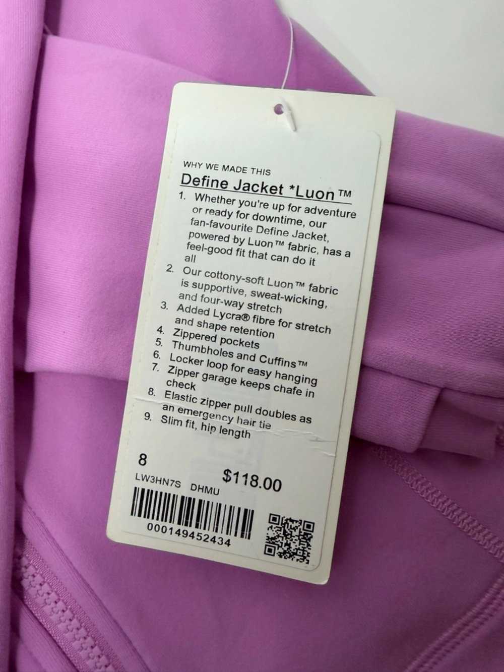 NWT Lululemon Define Jacket *Luon, Color Dahlia Mauve, Size 8 - Picture 4 of 4